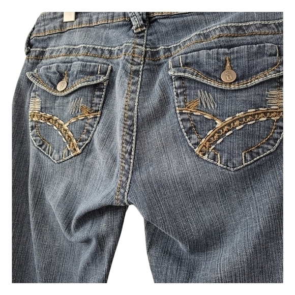 Y2k Boot Cut Med Wash Jeans Embroidered Flap Pocket Relaxed Denim Low Rise SZ 11 - Picture 9 of 12